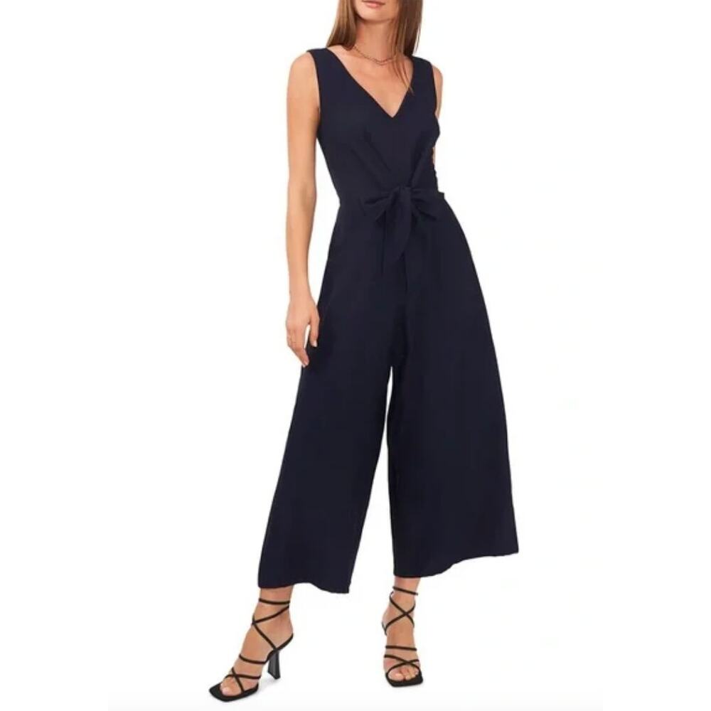 Vince Camuto Womens Wide Leg V-Neck Front Tie Jumpsuit 3X Classic Navy Blue